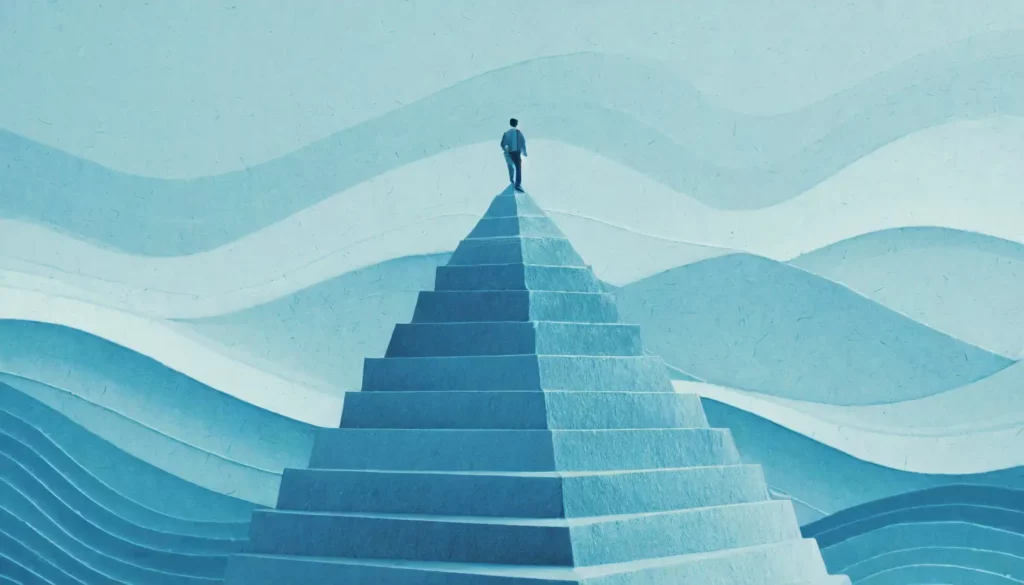 A turquoise pyramid chart with a man standing on top