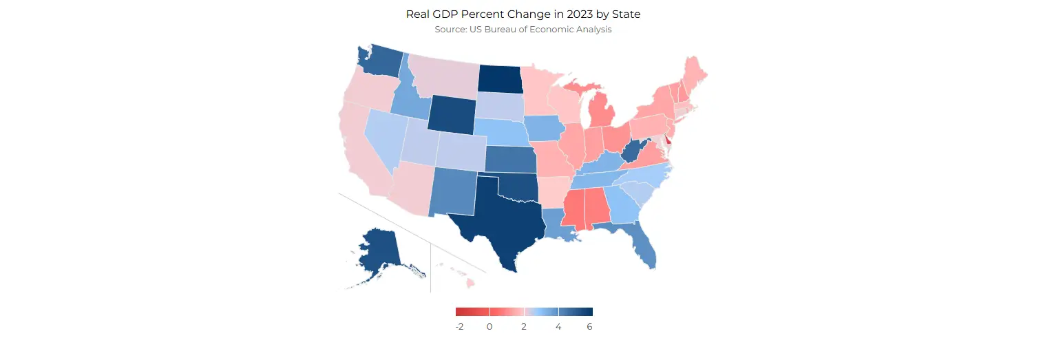 Real GDP percent change in 2023 by state.