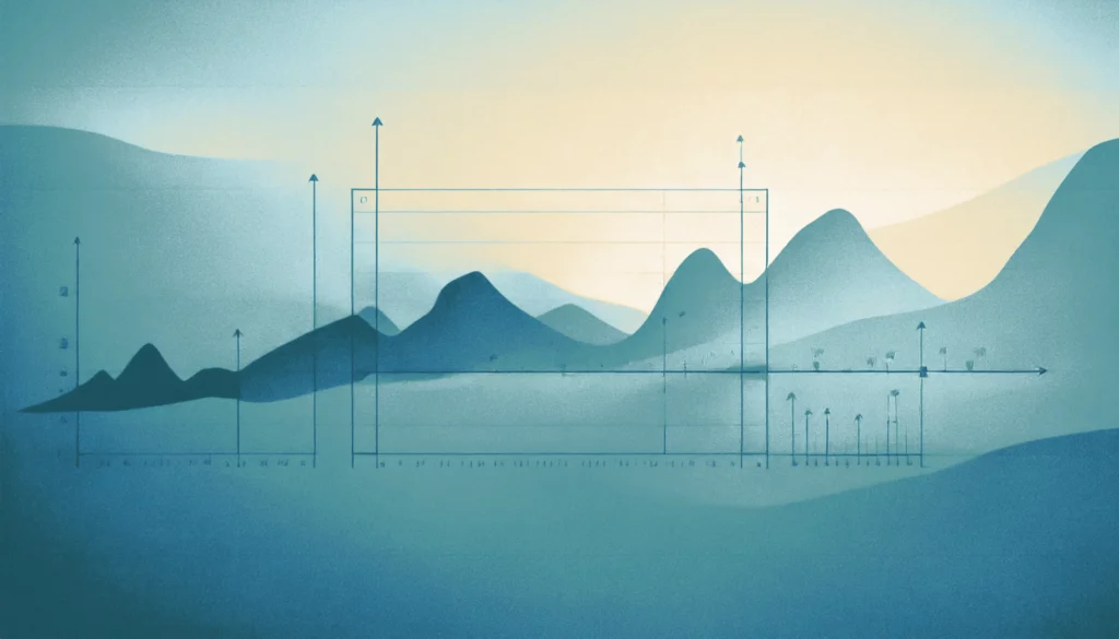 Abstract visualization of a mountain range overlaid with lines and arrows representing data points and trends.