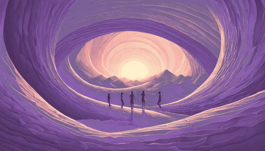 The image presents five people who are walking through a hilly area in a tunnel.