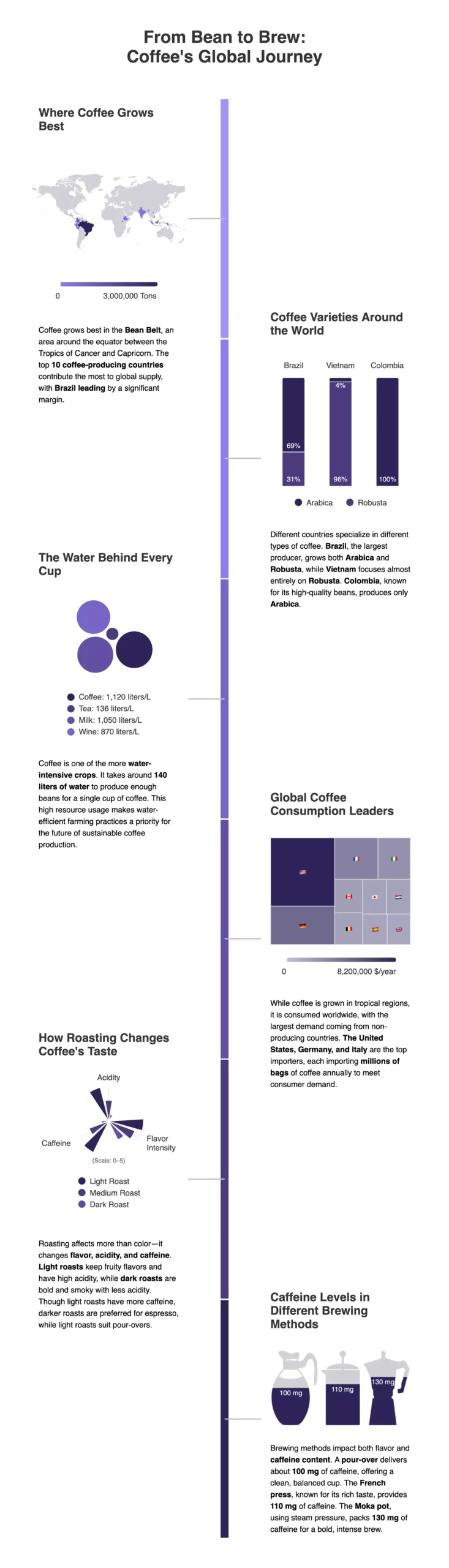 Detailed infographic titled "From Bean to Brew: Coffee's Global Journey," showcasing coffee cultivation, varieties, consumption, roasting, and brewing methods.