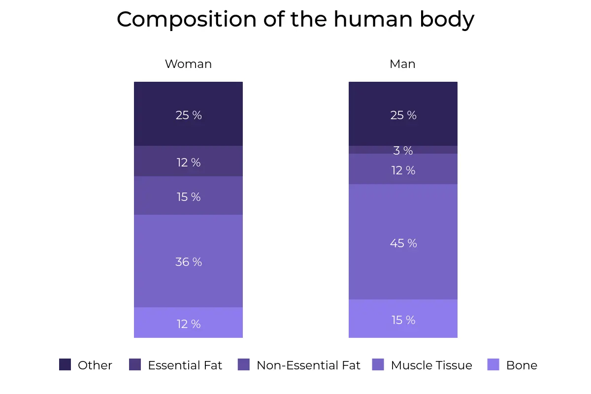 Bar chart comparing the composition of the human body in women and men, showing percentages of bone, muscle tissue, non-essential fat, essential fat, and other.