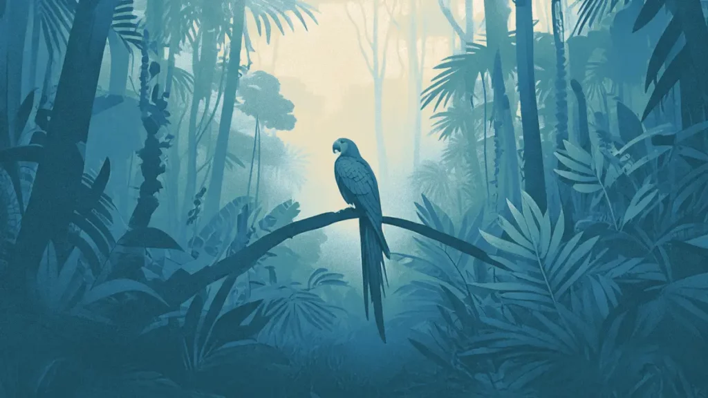 Stylized illustration of a parrot perched on a branch in a lush tropical jungle.