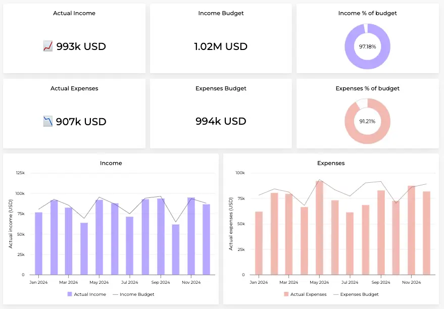 Financial dashboards showing income and expenses against budget targets.