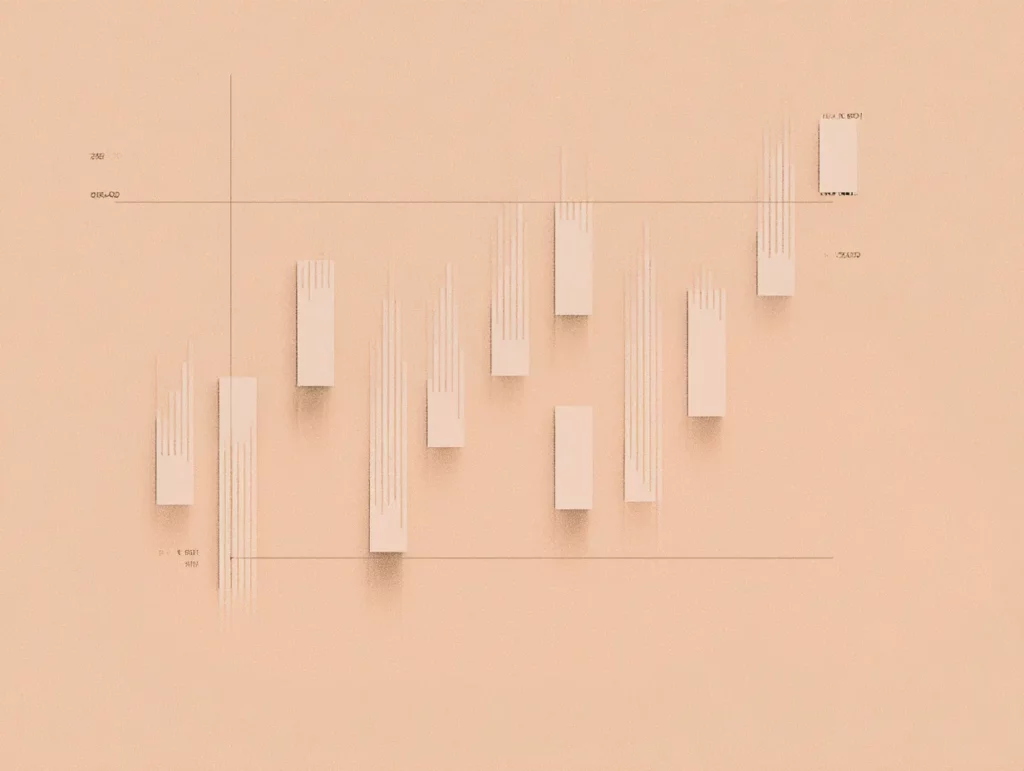 A minimalist and artistic rendition of a financial candlestick chart on a light-colored background, with abstract, elongated shapes representing price movements.