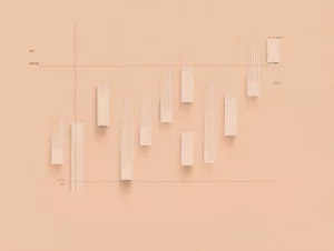 A minimalist and artistic rendition of a financial candlestick chart on a light-colored background, with abstract, elongated shapes representing price movements.