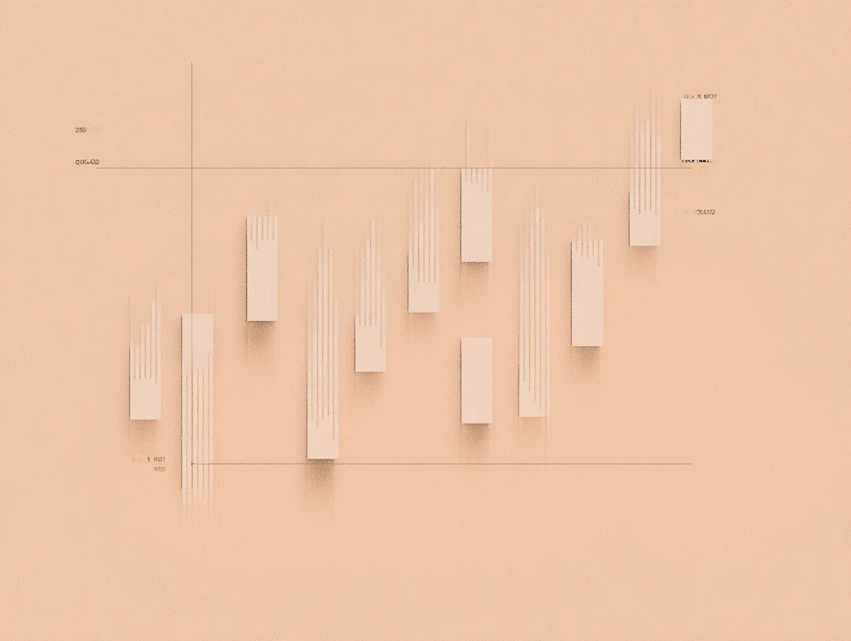 A minimalist and artistic rendition of a financial candlestick chart on a light-colored background, with abstract, elongated shapes representing price movements.