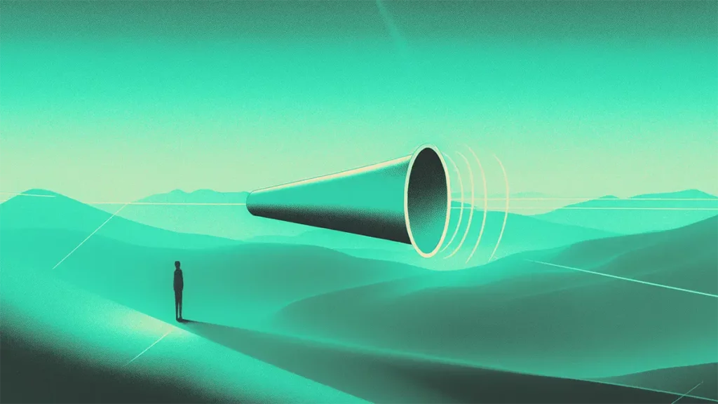 Person facing a giant megaphone-like structure in a surreal landscape.