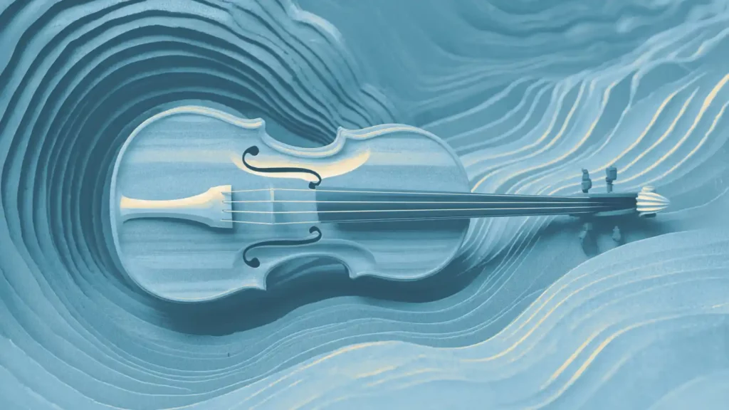 An artistic representation of a violin on a layered, wavy blue background, creatively visualizing the concept of a violin plot.