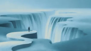 A figure stands at the edge of a stylized, massive gorge, metaphorically representing a major drop in a financial waterfall chart.