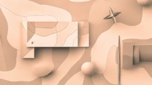 Abstract 3D topographic background in peach tones featuring geometric shapes, a sphere, and a metallic star element.