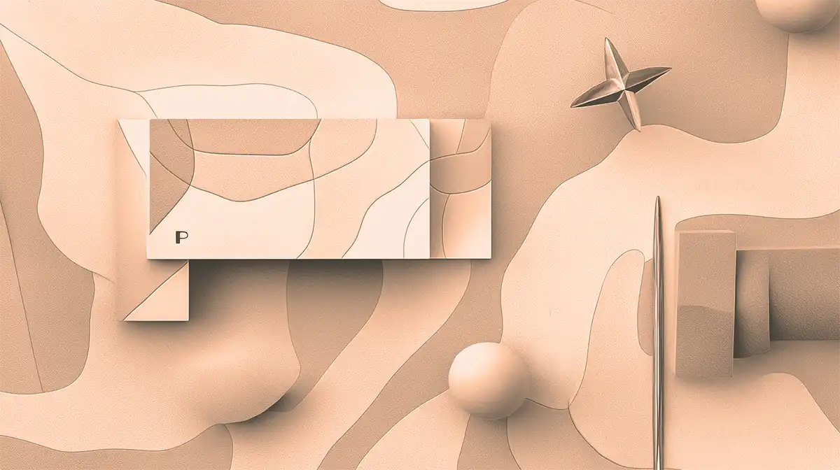 Abstract 3D topographic background in peach tones featuring geometric shapes, a sphere, and a metallic star element.