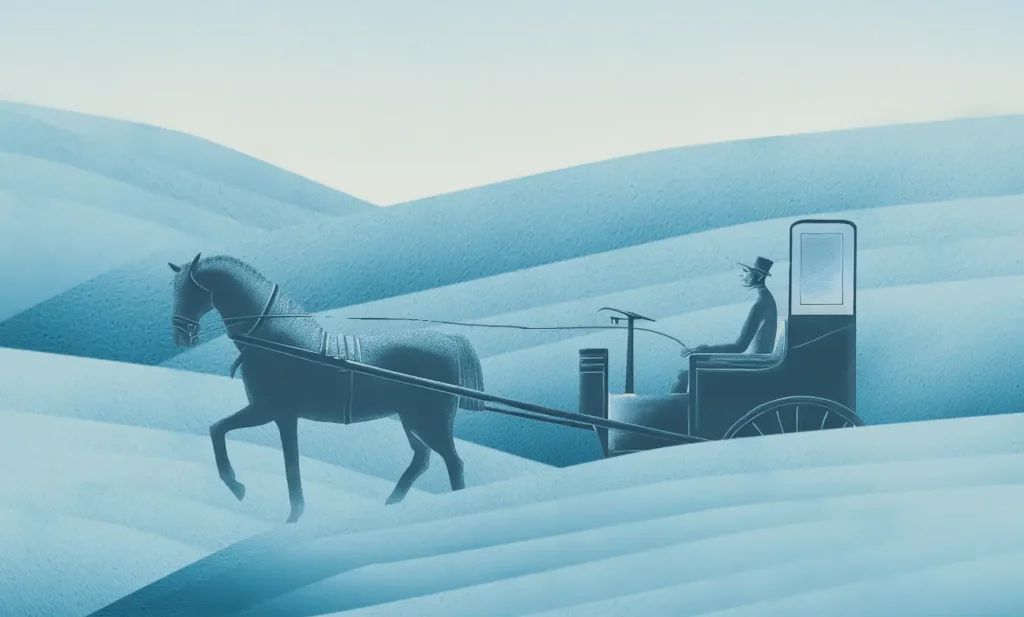 An illustration of a horse-drawn carriage with a driver traversing a monochromatic, blue, undulating landscape representing dashboard history.
