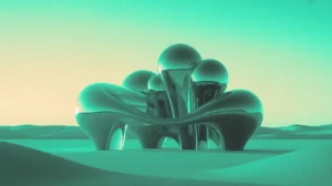 A surreal 3D render of a futuristic metallic structure with rounded shapes in a teal and mint green environment.