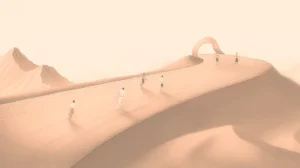 Artistic performance visualization depicting runners on a mountain track representing strategic progress and competition.