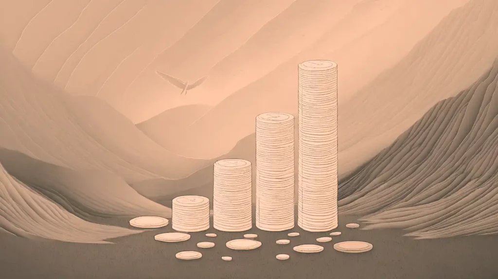 Artistic visualization of tracking costs and capital growth through rising stacks of coins.