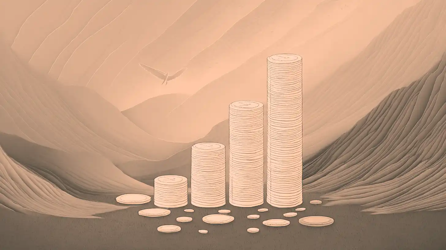 Artistic visualization of tracking costs and capital growth through rising stacks of coins.